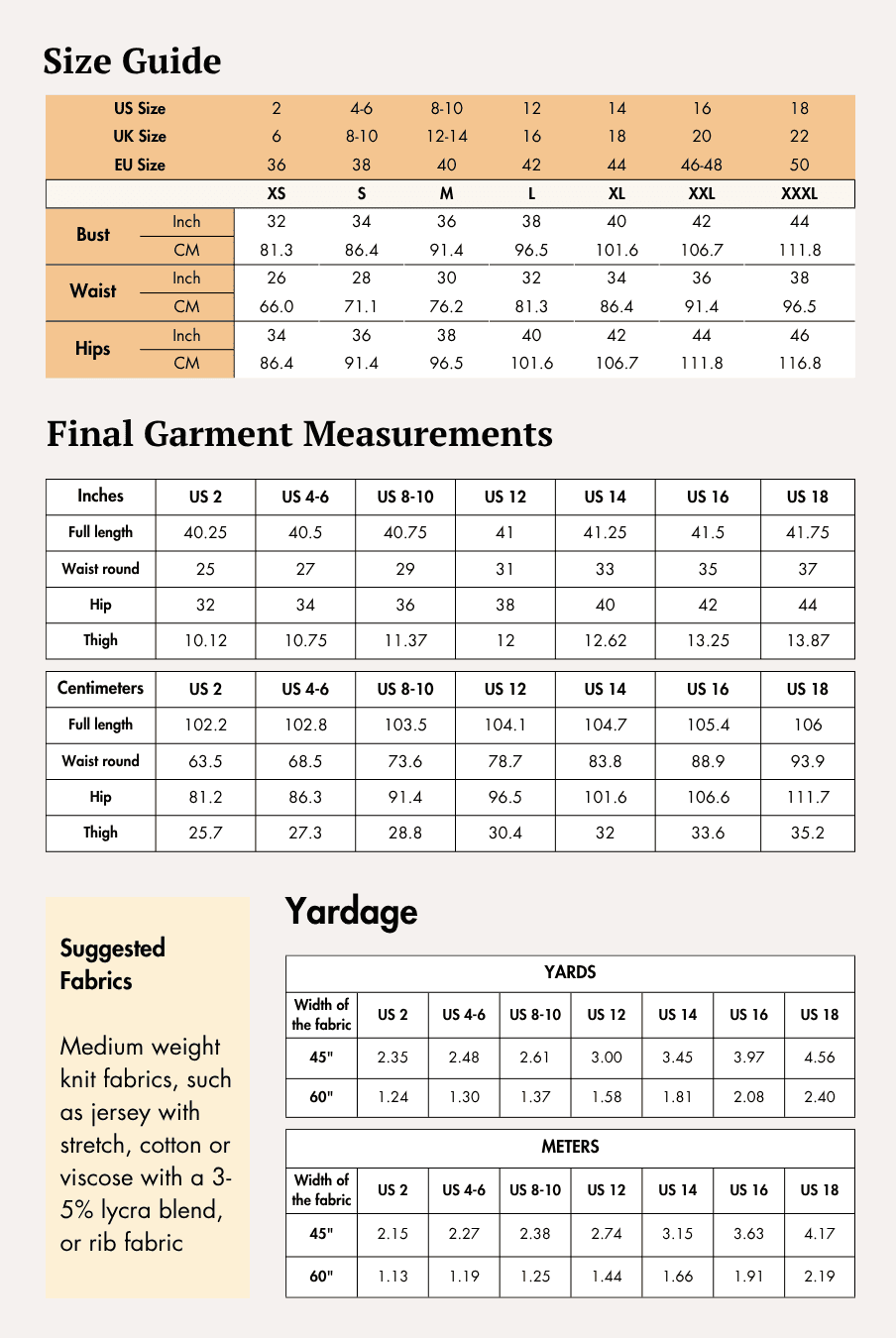 Size guide and measurement charts for women's bell bottom pants sewing pattern