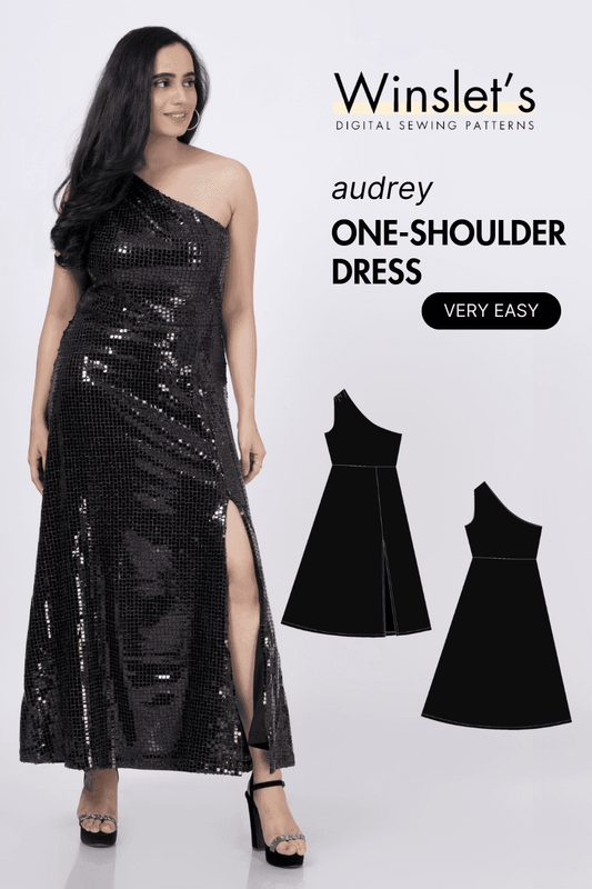 One Shoulder Women's Maxi Dress PDF Sewing Pattern by Winslet's featuring sleeveless design, thigh-high slit, and A-line silhouette for evening wear.