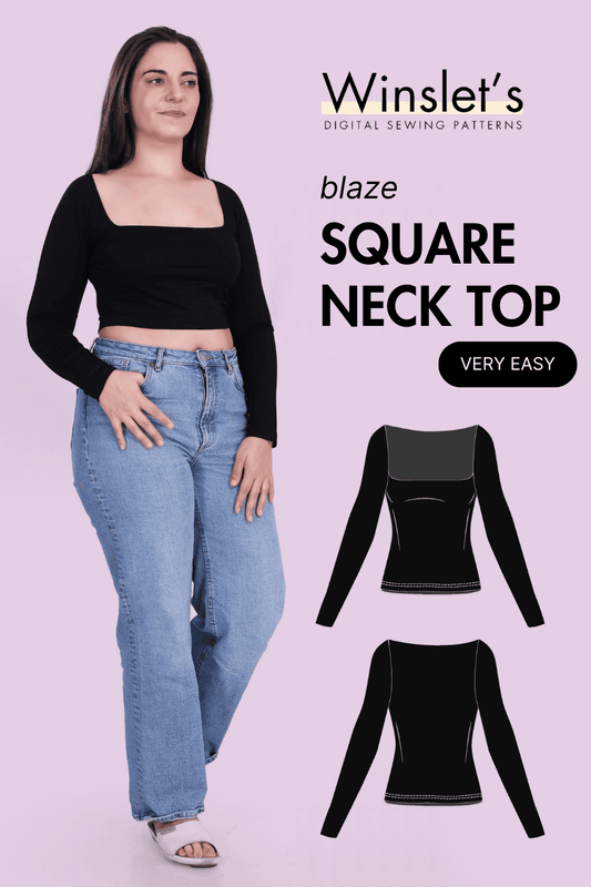 Square Neck Crop Top PDF Women's Sewing Pattern with long sleeves and bodycon fit, shown with technical illustrations and model wearing finished top.
