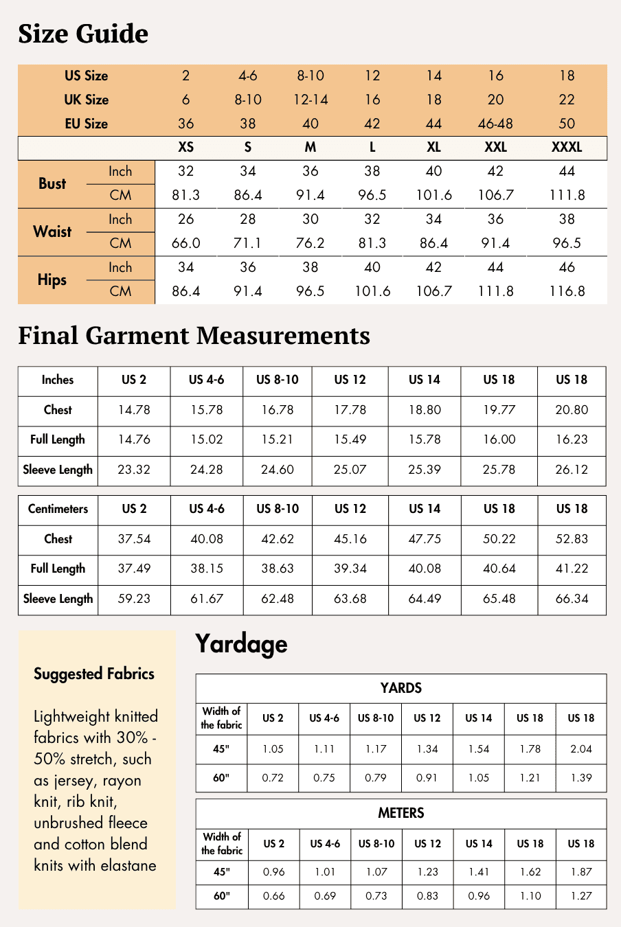 Size guide and measurement chart for women's sewing pattern