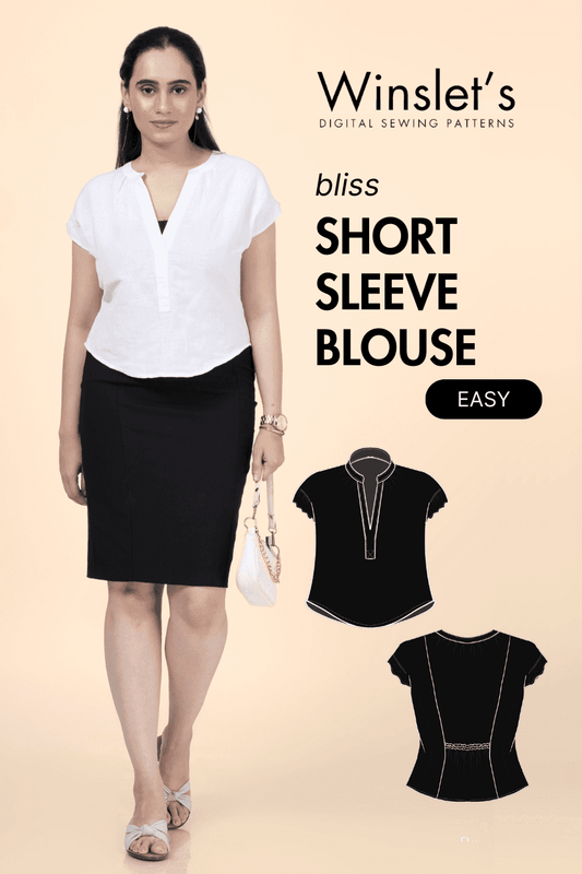 V-Neck Blouse PDF Women's Top Sewing Pattern with short sleeves, mandarin collar, and placket. Easy digital pattern for casual woven tops.