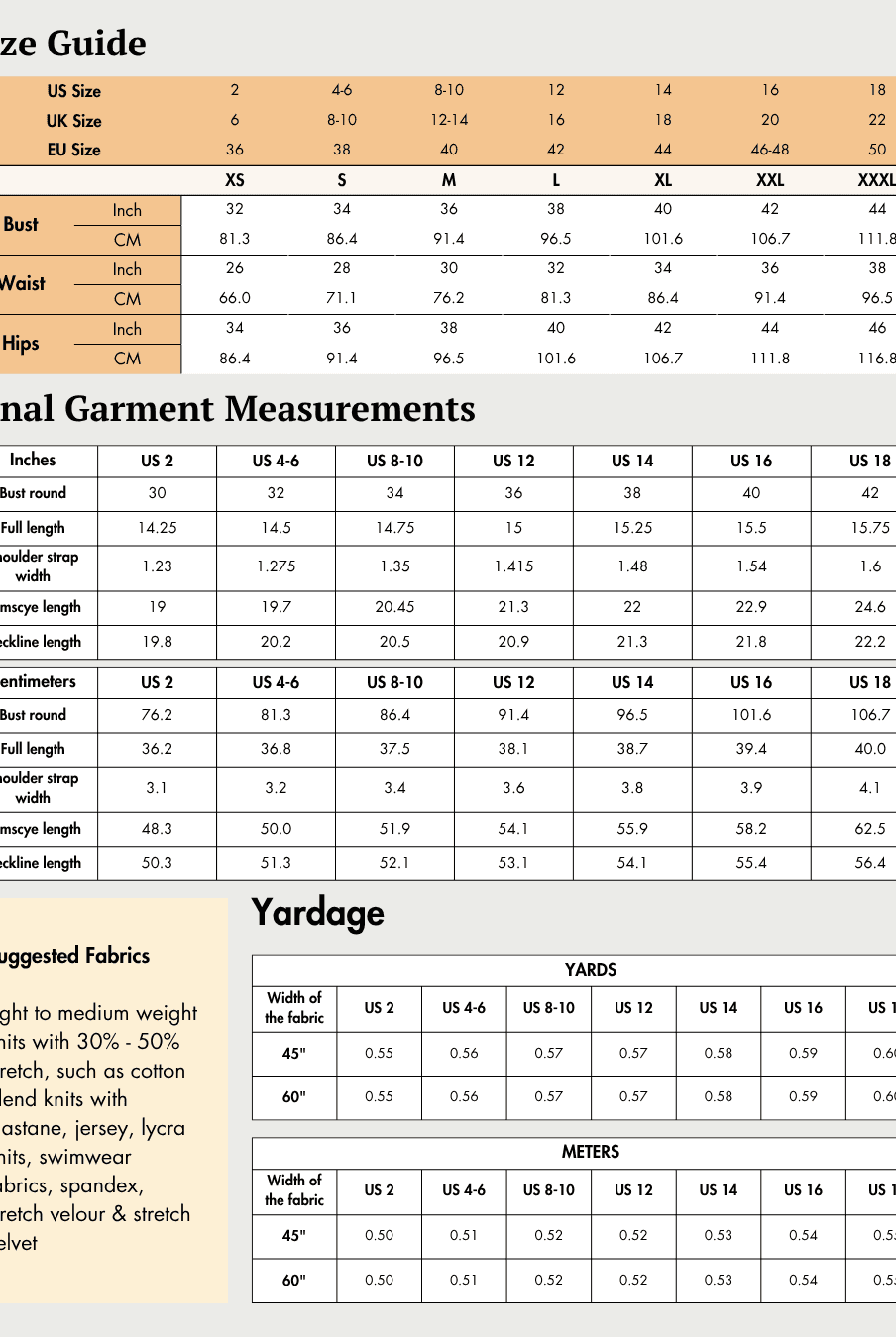 Size guide chart for women's sewing patterns with bust, waist, and hips measurements in inches and centimeters