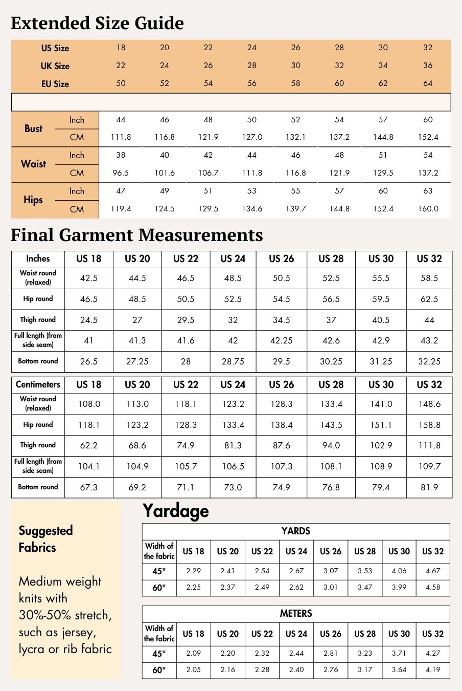 Extended size chart for women's flared trousers 'Brook' sewing pattern