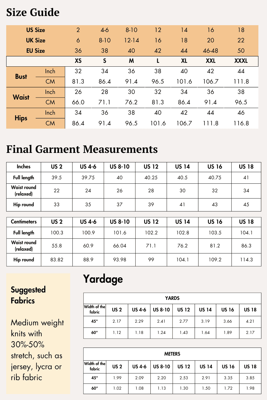 Size guide for women's flared pants 'Brook' sewing pattern with measurements