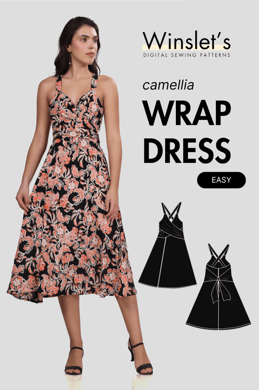 Wrap Dress PDF Women's Sewing Pattern with sweetheart neckline, cross-back straps, and flared midi skirt. Beginner-friendly digital pattern.