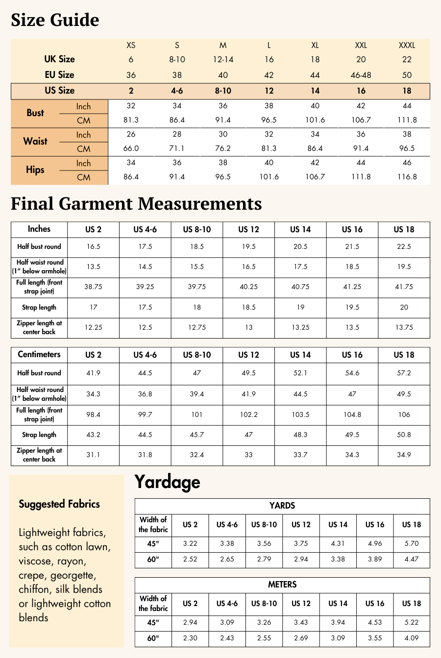 Size guide for wrap dress sewing pattern with bust, waist, hips measurements in inches and centimeters