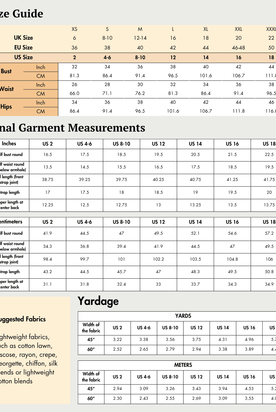 Size guide chart for Wrap Dress Sewing Pattern 'Camellia' with bust, waist, and hips measurements in inches and centimeters