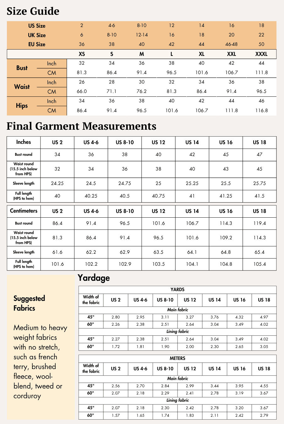 Size guide and measurement charts for women's blazer sewing pattern