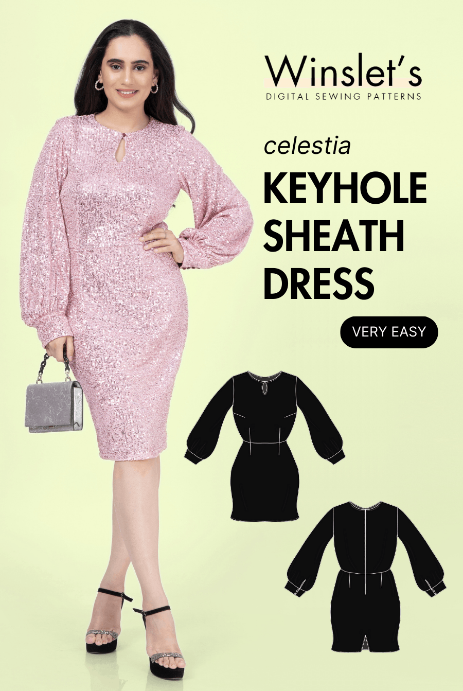 Keyhole Sheath Dress PDF sewing pattern 'Celestia' with long bishop sleeves and cuffs, shown in pink sequin fabric for party or evening wear.