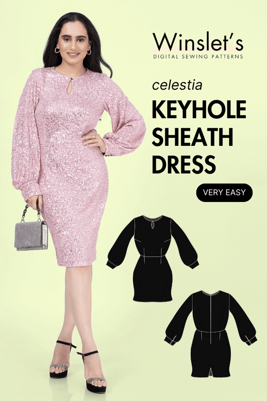 Keyhole Sheath Dress PDF sewing pattern 'Celestia' with long bishop sleeves and cuffs, shown in pink sequin fabric for party or evening wear.