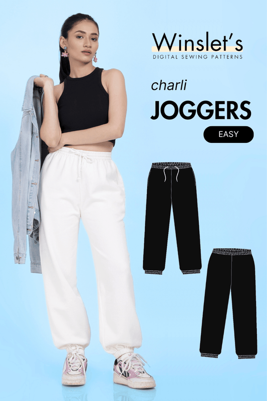 Bestseller joggers PDF women's sewing pattern 'Charli' with relaxed fit, elastic waistband, drawstrings, and cuffed ankles for knit loungewear.