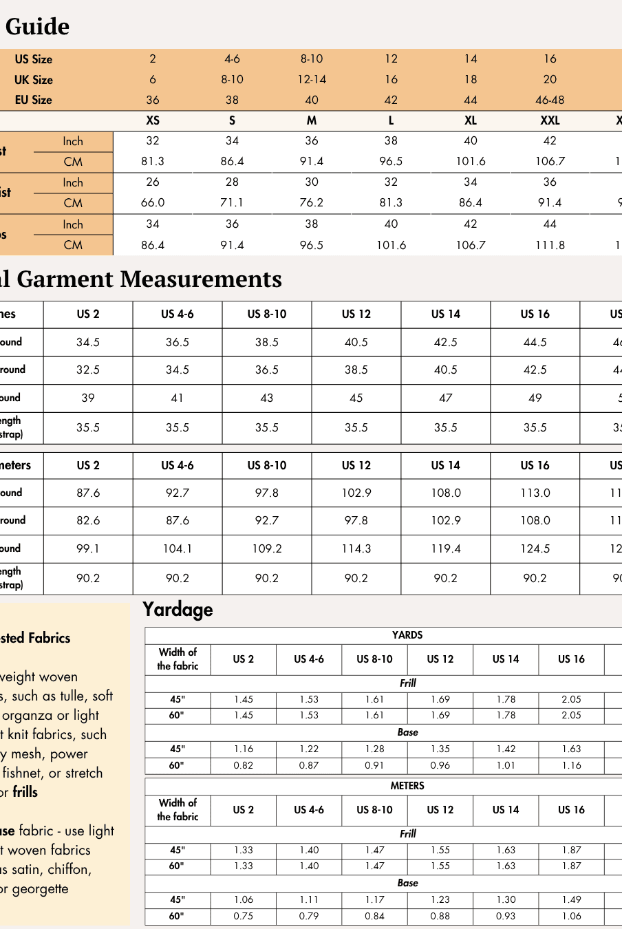 Size guide chart for women's tiered dress sewing pattern with measurements