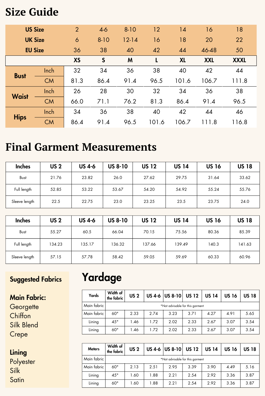 Size guide and fabric recommendations for the Daisy Maxi Dress Sewing Pattern, including measurements and suggested materials like chiffon and silk.