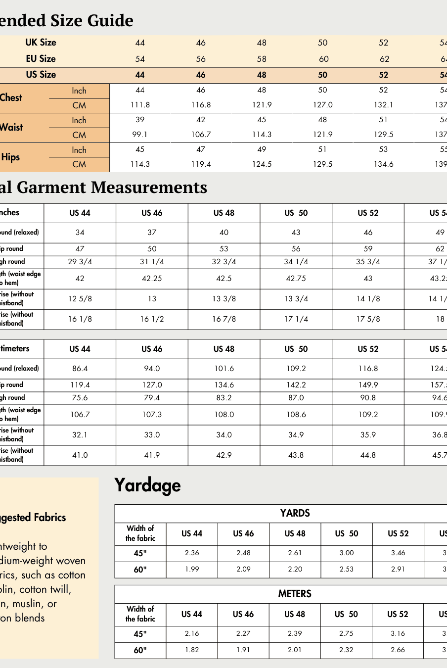 Extended size guide for men's pajama pants sewing pattern 'Dan' with measurements in inches and centimeters