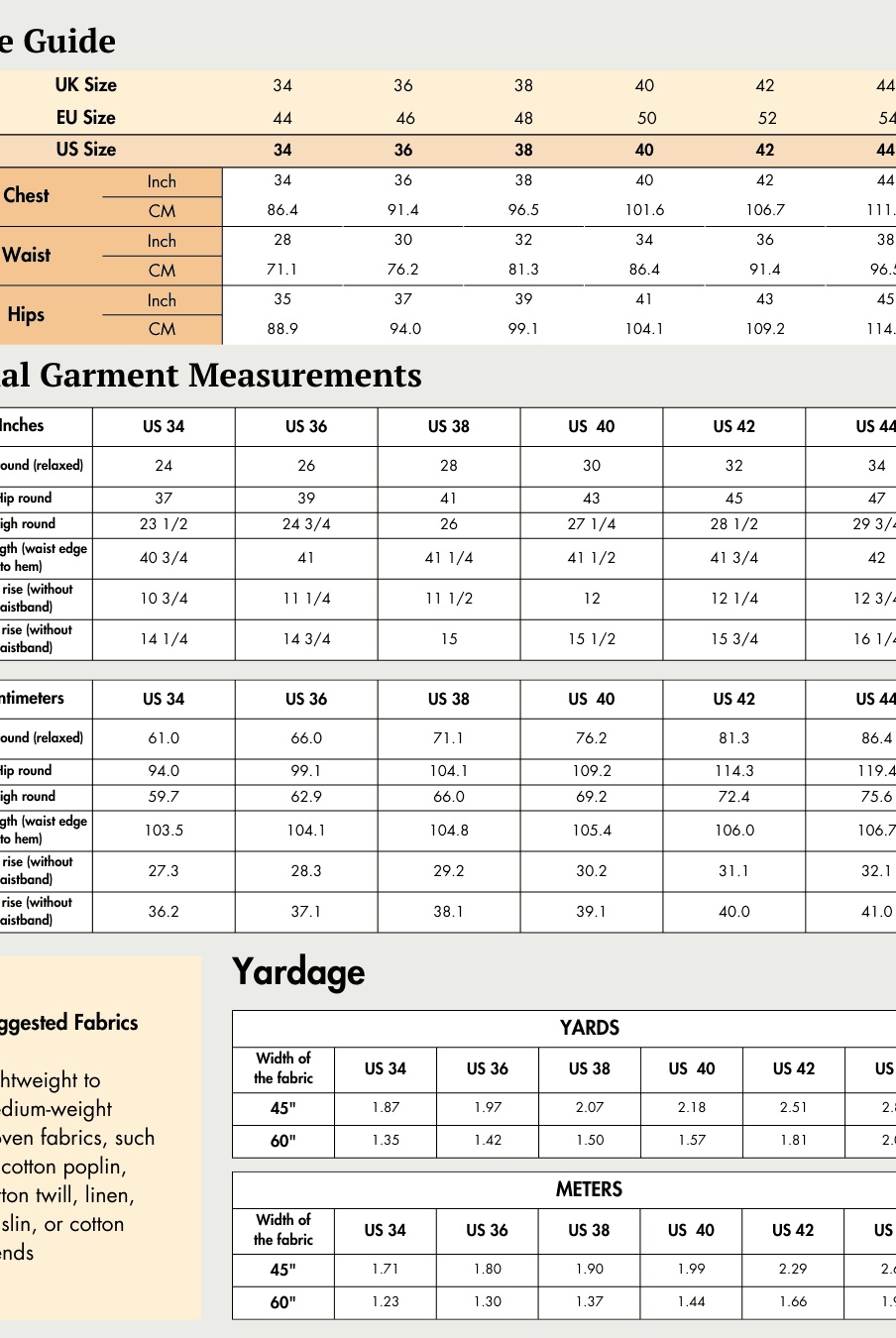 Size guide for men's pajama pants sewing pattern 'Dan' with measurements in inches and centimeters