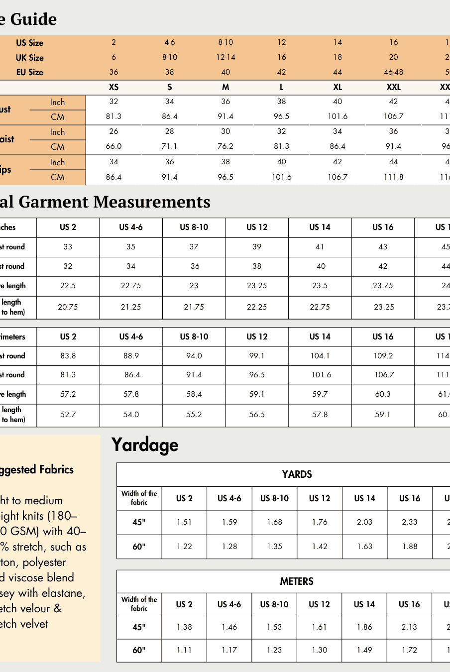 Size guide and yardage chart for Diana long sleeve turtleneck tshirt sewing pattern, covering US sizes 0–18 with fabric suggestions.