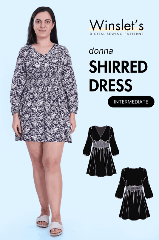Long sleeves shirred dress PDF sewing pattern 'Donna' with V-neck, elastic cuffs, and flared skirt shown on model and technical sketches.