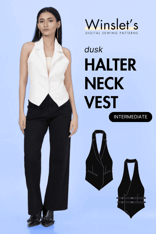 Halter Neck Vest PDF Women's Top Sewing Pattern with notch collar, plunging neckline, and backless design; includes illustrated front and back views.