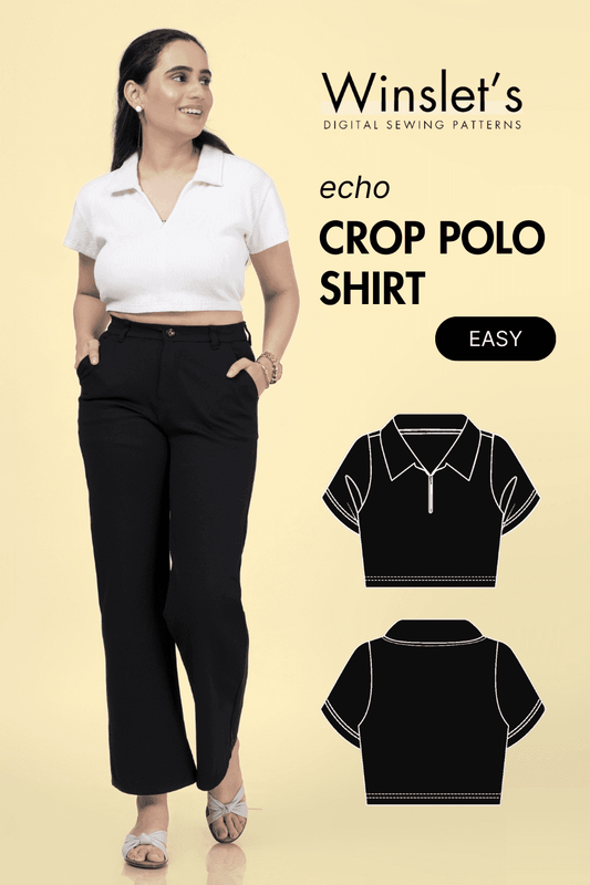 Classic Polo Shirt PDF Women's Sewing Pattern 'Echo' with short sleeves, V-neck, and quarter zip shown on model and technical sketch.