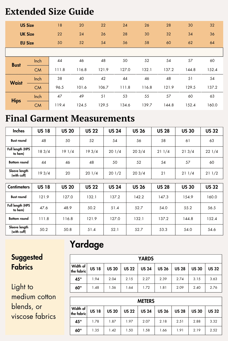 Extended Size guide of belted cropped shirt sewing pattern