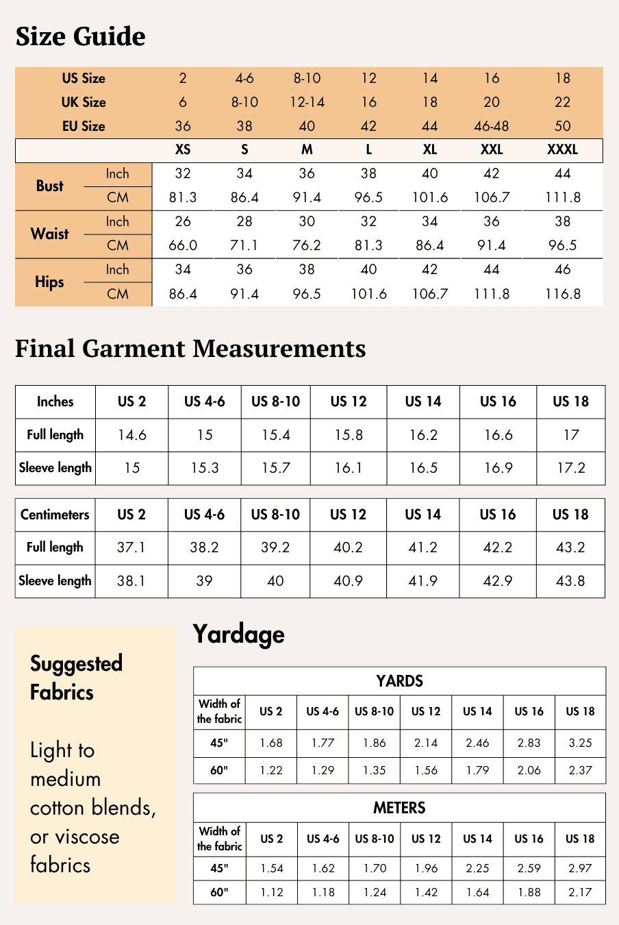 Size guide of belted cropped shirt sewing pattern