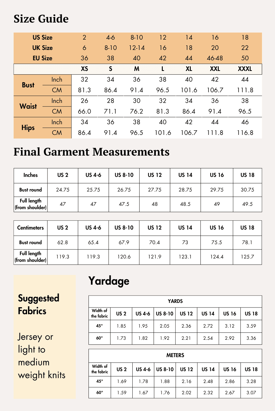 Size guide and measurement charts for Bodycon Midi Dress Finch sewing pattern