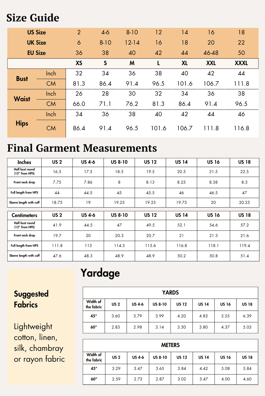 Size guide and measurement charts for Heather dress sewing pattern