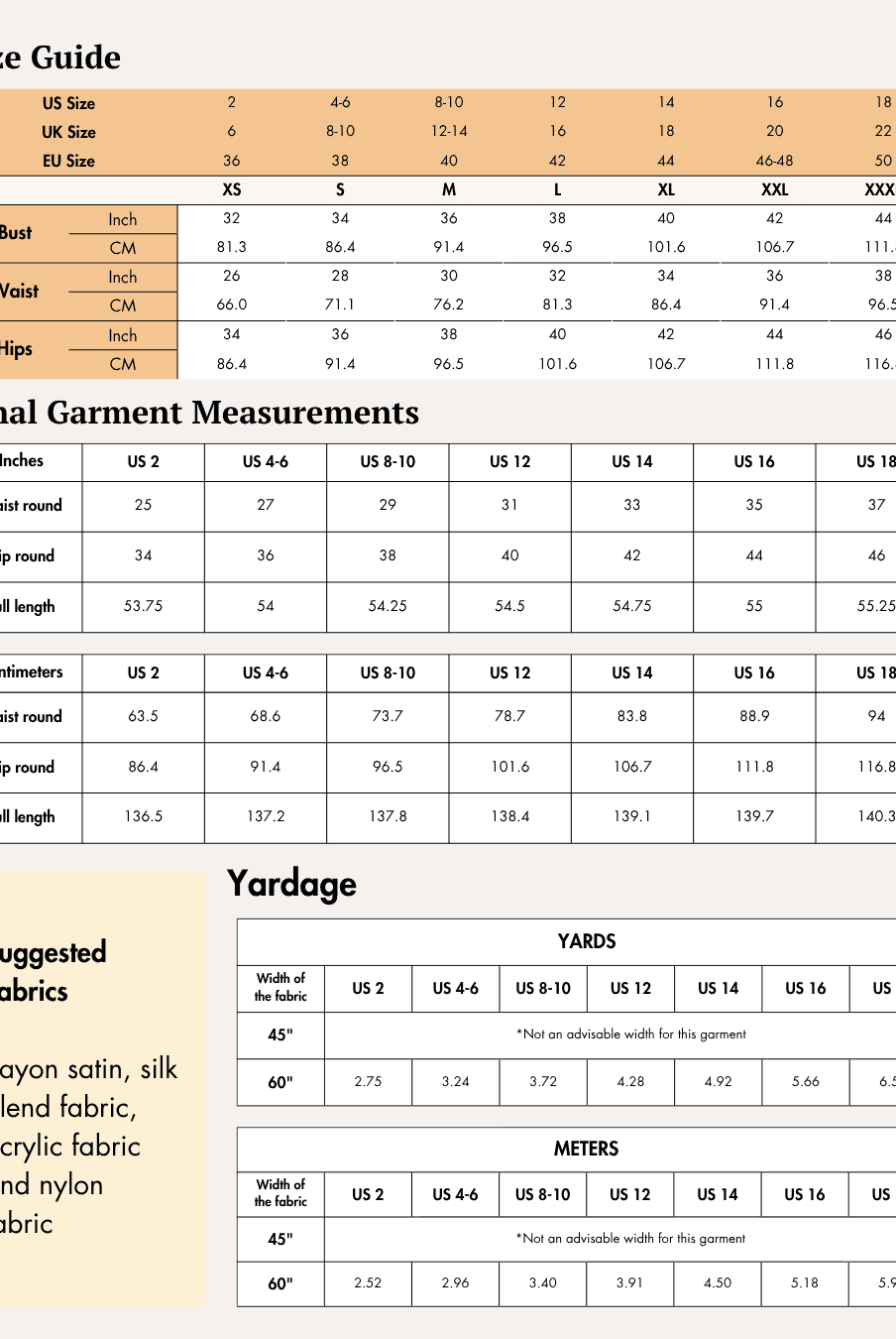 Size guide and measurement charts for sewing a maxi dress