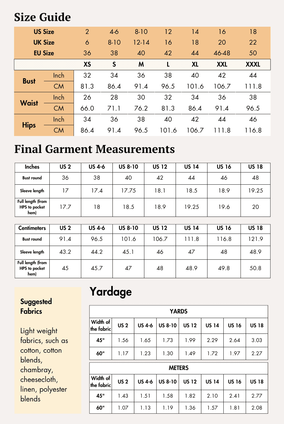 Size guide chart for sewing pattern with bust, waist, hips measurements in inches and centimeters