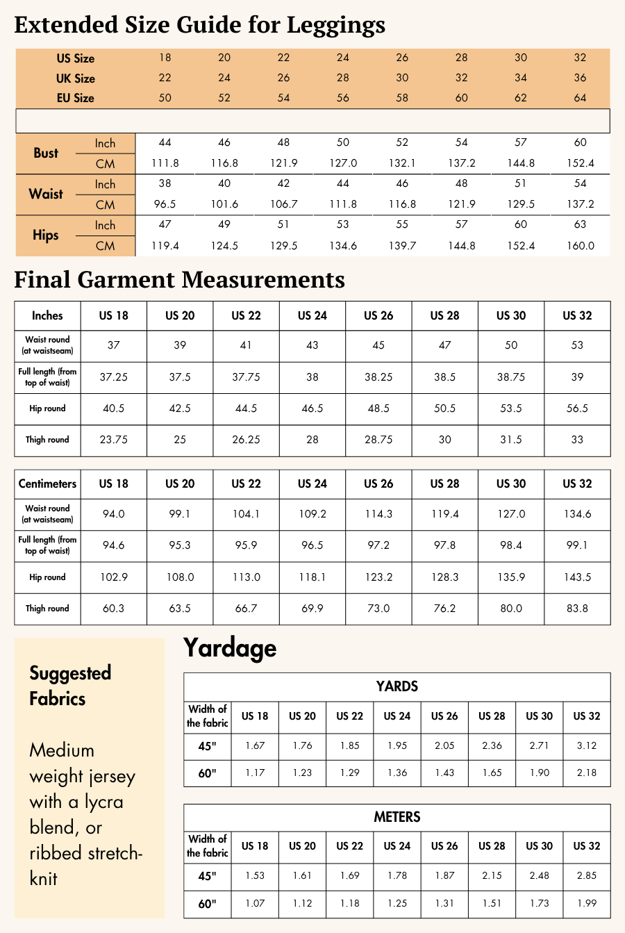 Extended size guide for leggings with bust, waist, and hips measurements in inches and centimeters