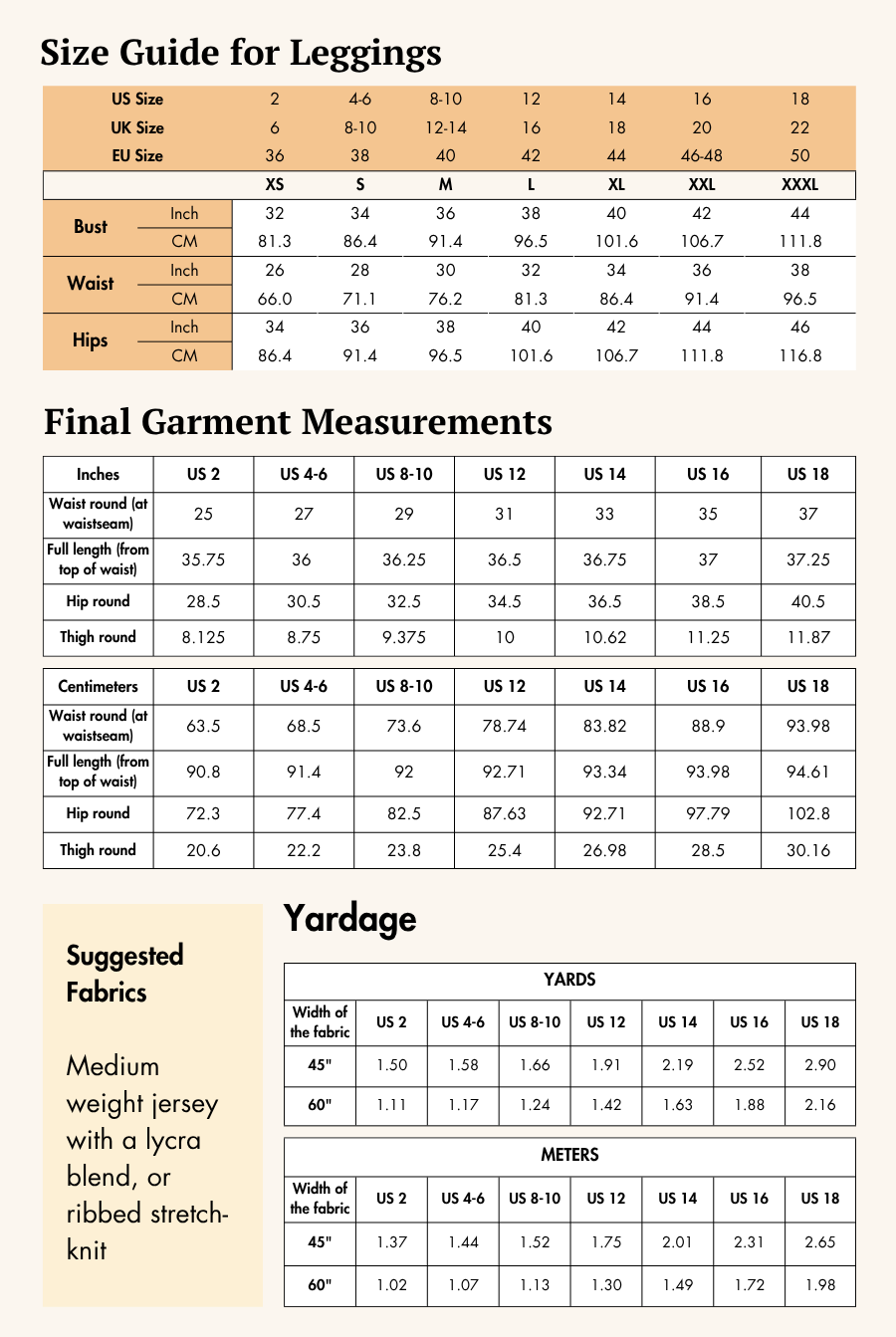 Size guide for leggings with bust, waist, and hips measurements in inches and centimeters