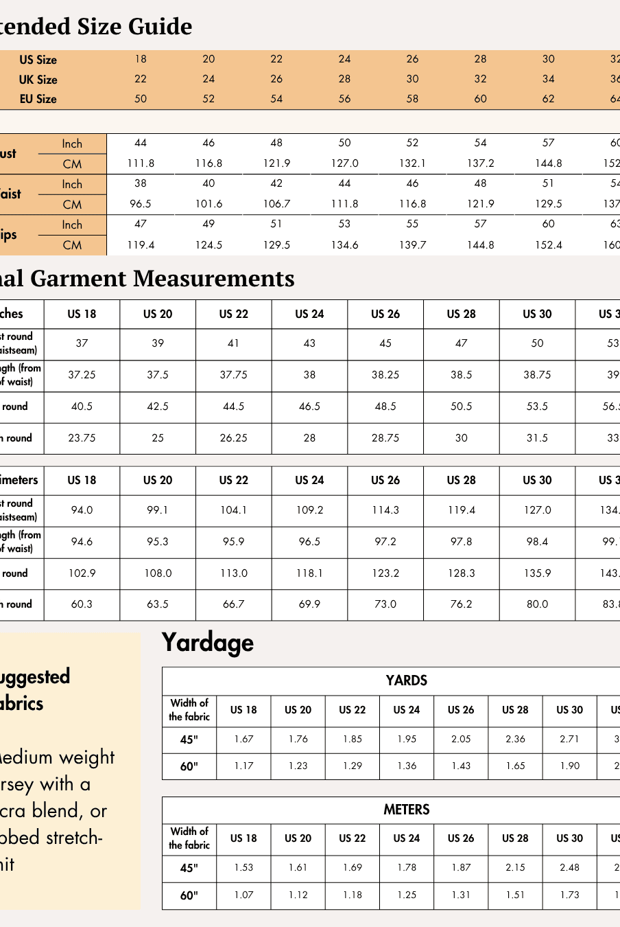 Extended Size guide chart for sewing leggings in various sizes