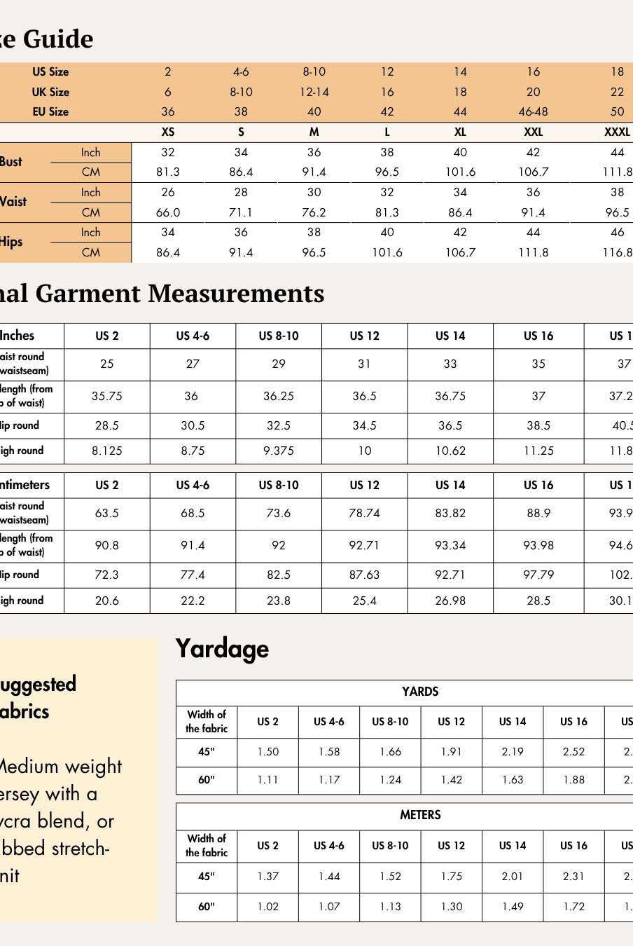 Size guide chart for sewing leggings in various sizes