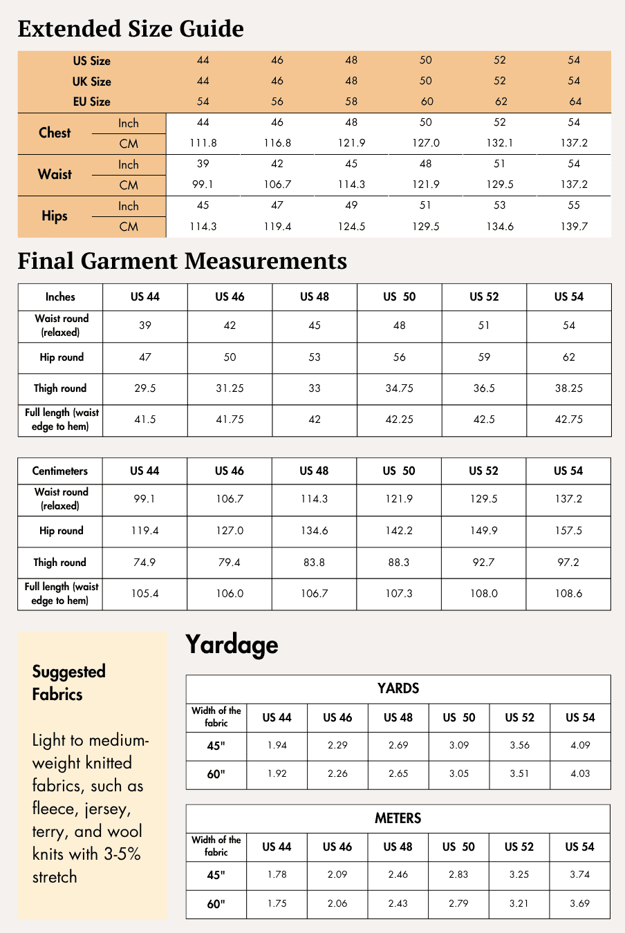 Extended size chart for men's joggers 'Louis' sewing pattern with chest, waist, and hip measurements