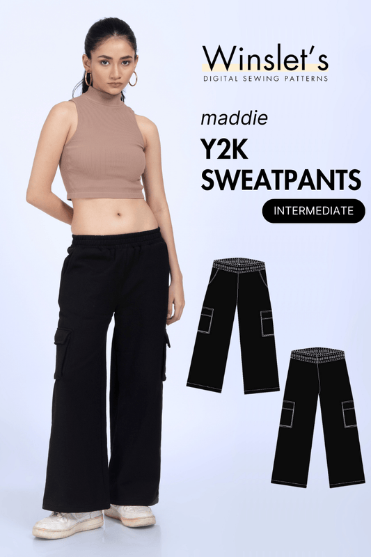 Sweatpants PDF Women's Joggers Sewing Pattern with wide leg, slash and accordion pockets, and elastic waistband shown on model with technical sketches.