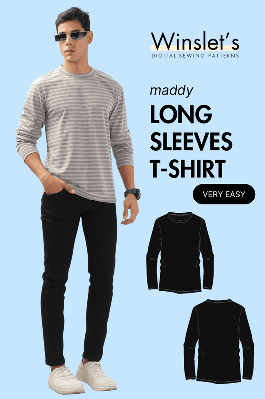 Long sleeves T-shirt men's top sewing pattern 'Maddy' with crew neck and regular fit, ideal for beginners and loungewear projects.