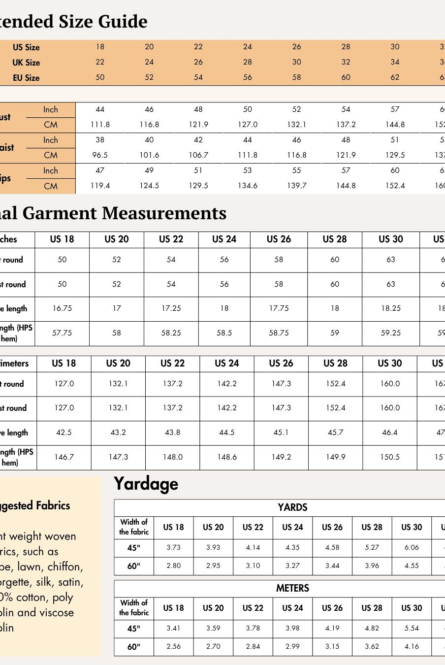 Extended size guide with bust, waist, and hip measurements in inches and centimeters for larger sizes