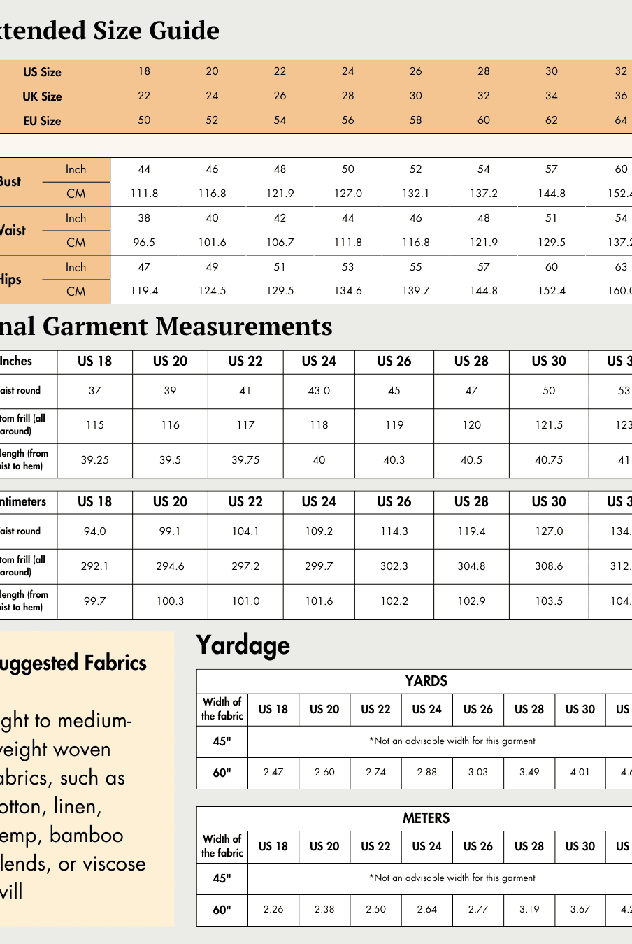 Extended size guide chart for sewing patterns with bust, waist, hips measurements in inches and centimeters