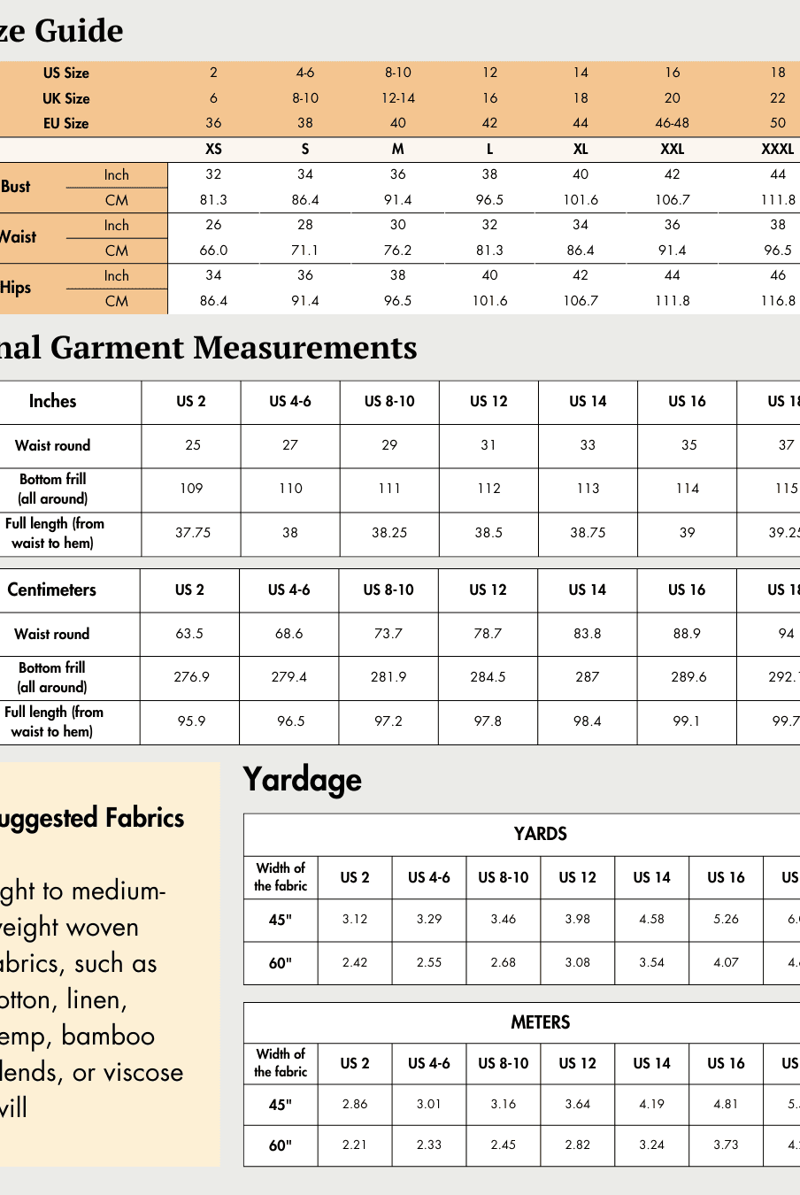 Size Guide chart for Cottagecore Maxi Skirt 'Maple' sewing pattern