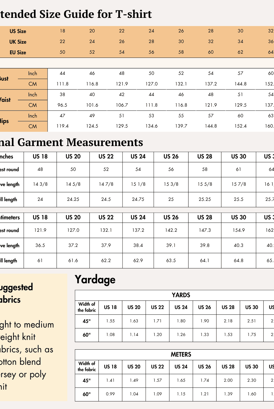 Extended size guide for T-shirt with measurements and fabric recommendations