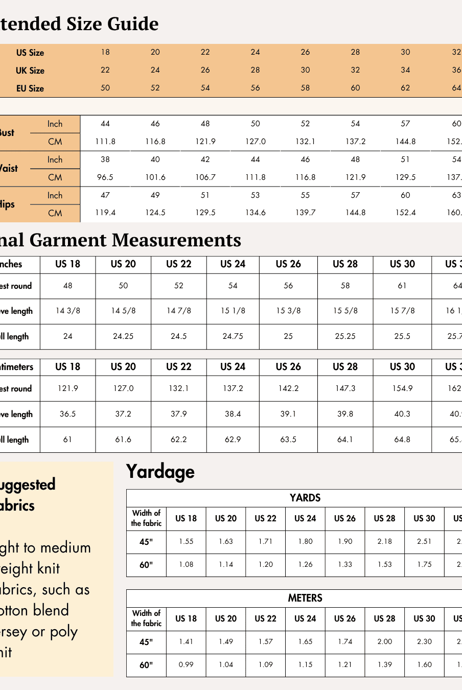 Extended Size guide and measurement charts for women's activewear sewing pattern 'Maria'