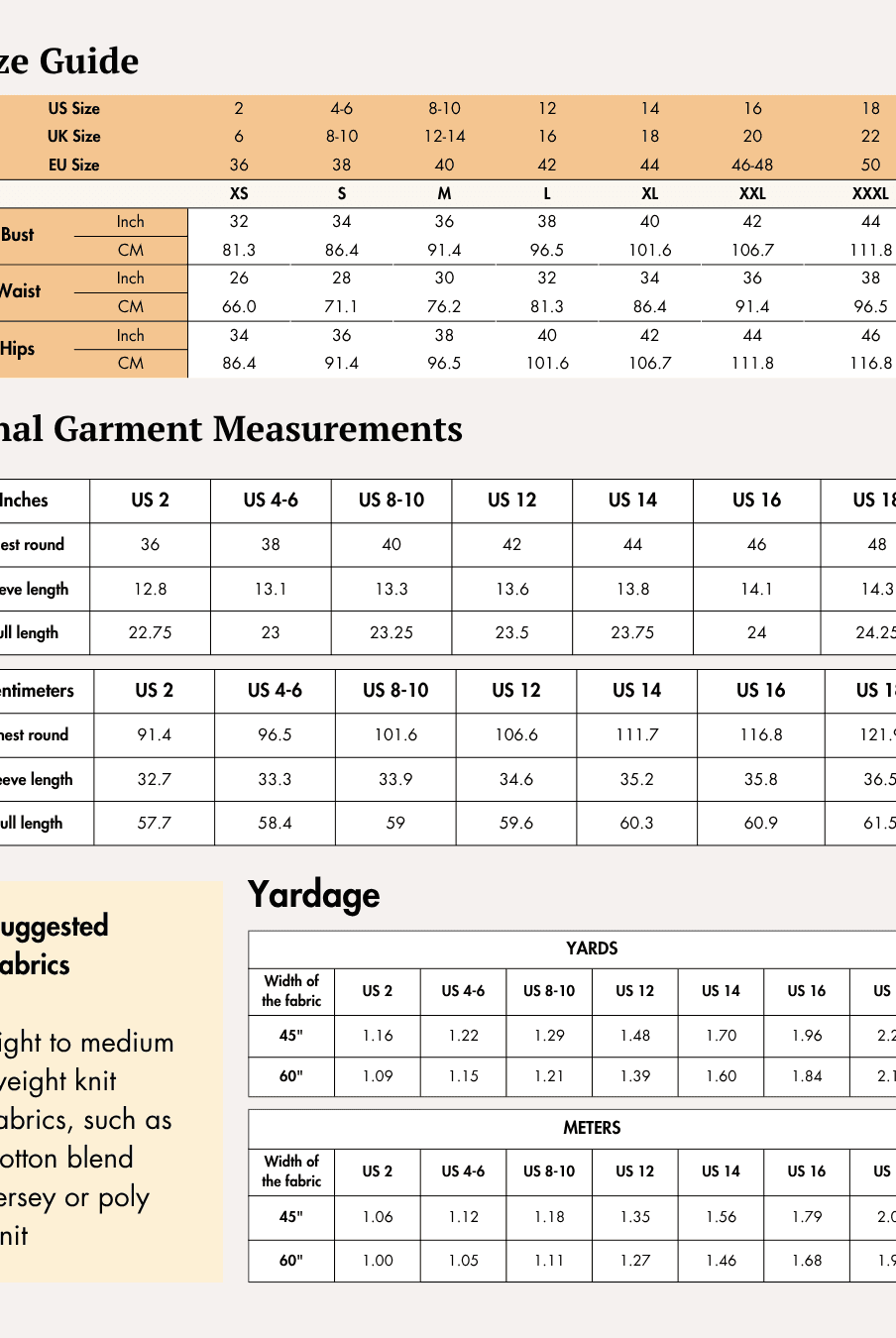 Size guide and measurement charts for women's activewear sewing pattern 'Maria'