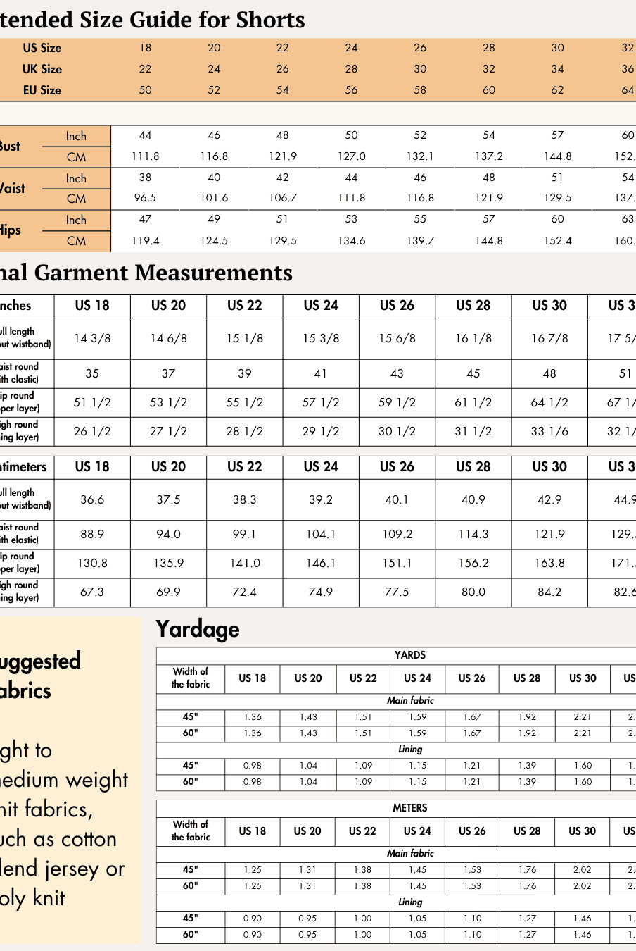 Extended size chart for shorts with bust, waist, hips measurements in inches and centimeters