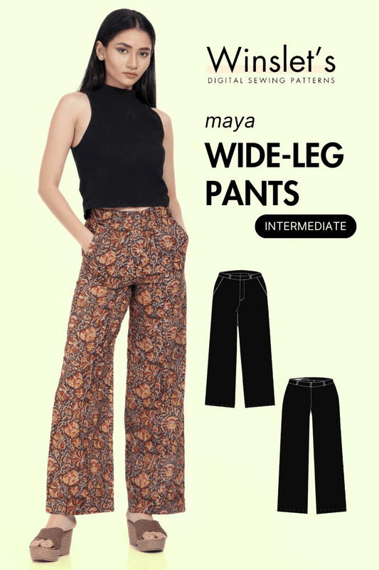 Wide Leg Pants PDF Women's Trousers Sewing Pattern with high waist and fly zipper, shown with front and technical flat views for intermediate sewists.