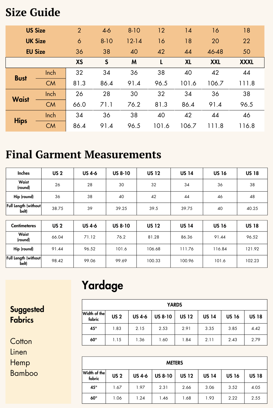 Size guide and fabric recommendations for Maya wide-leg pants sewing pattern. Includes measurements, yardage, and suggested materials.