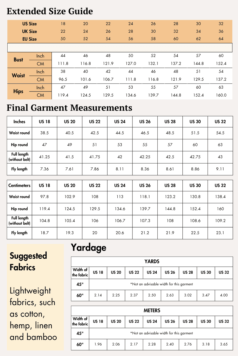 Extended Size guide chart for women's wide leg pants sewing pattern