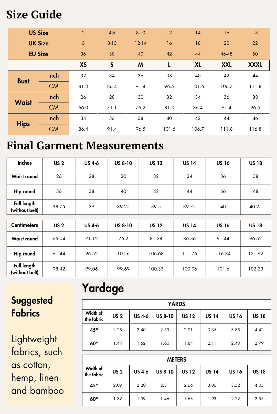 Size guide chart for women's wide leg pants sewing pattern