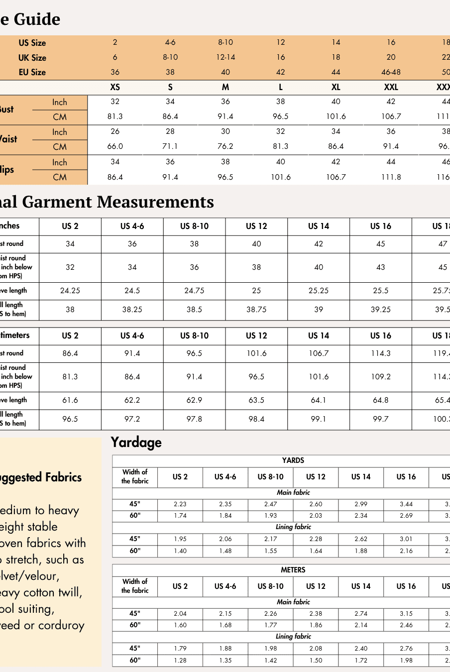 Size guide chart for women's blazer 'Monroe' sewing pattern with measurements