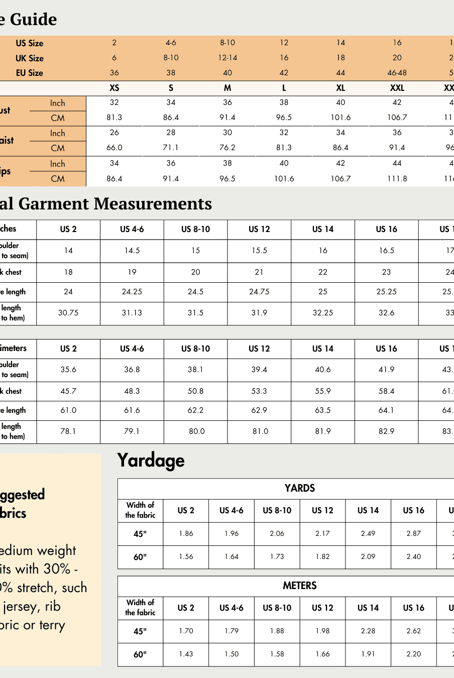 Size guide for women's long cardigan sewing pattern with measurements