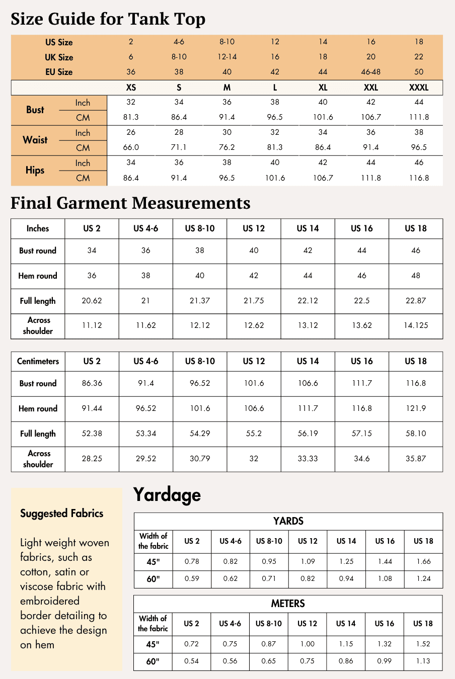 Size guide chart for tank top with measurements in inches and centimeters